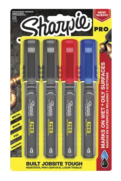 Sharpie® PRO Permanent Markers, Fine Point, Black/Gray Barrel, Assorted Ink Colors, Pack Of 4