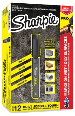 Sharpie® PRO Permanent Markers, Fine Point, Black/Gray Barrel, Black Ink, Pack Of 12 Markers