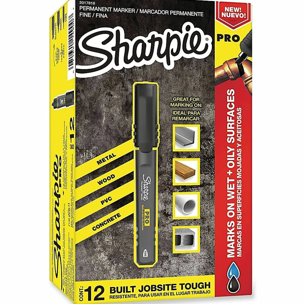 Sharpie® PRO Permanent Markers, Fine Point, Black/Gray Barrel, Black Ink, Pack Of 12 Markers
