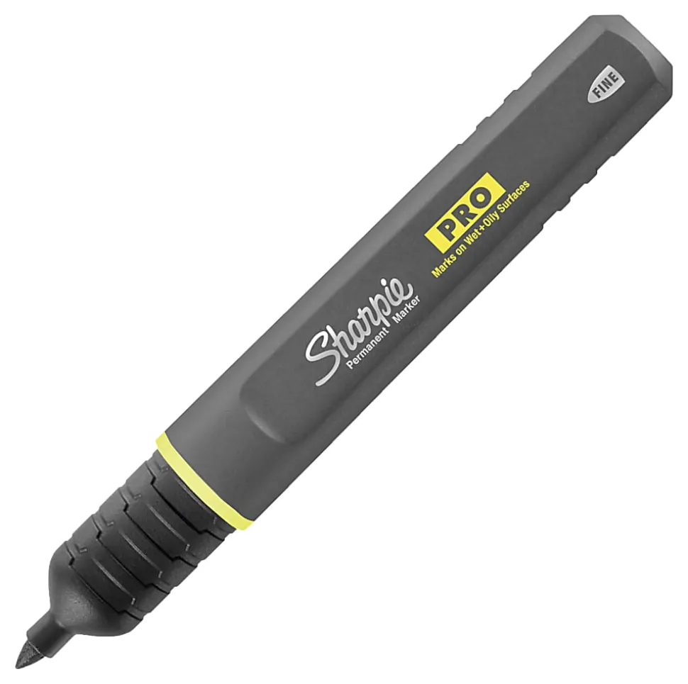 Sharpie® PRO Permanent Markers, Fine Point, Black/Gray Barrel, Black Ink, Pack Of 12 Markers
