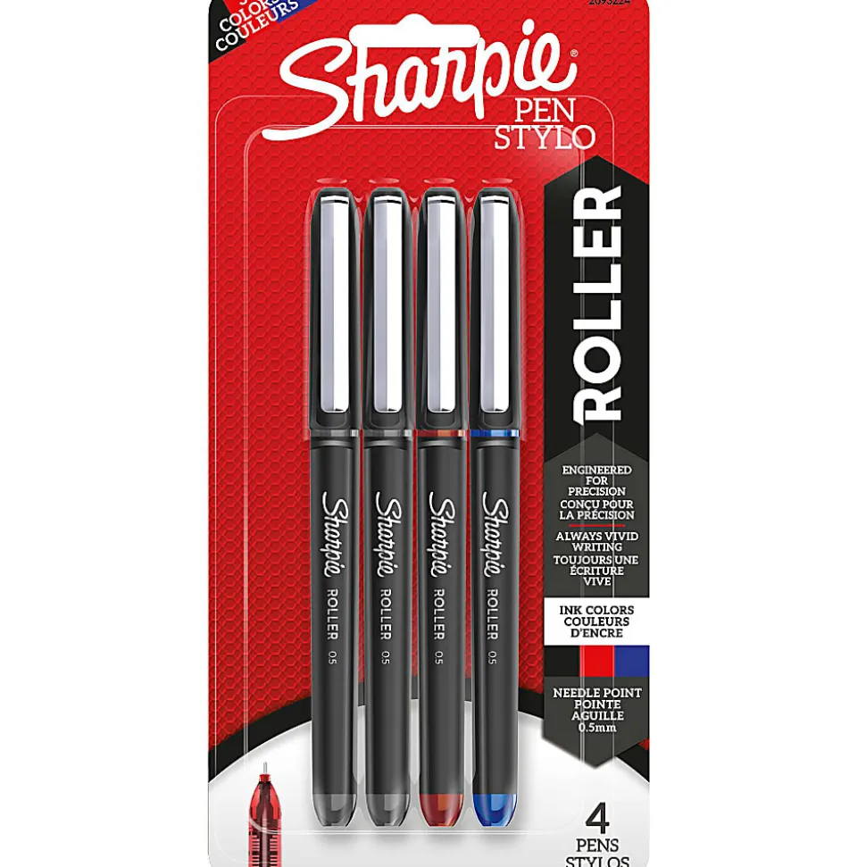 Sharpie Rollerball Pen, Needle Point, 0.5mm, Assorted Colors, Pack Of 4