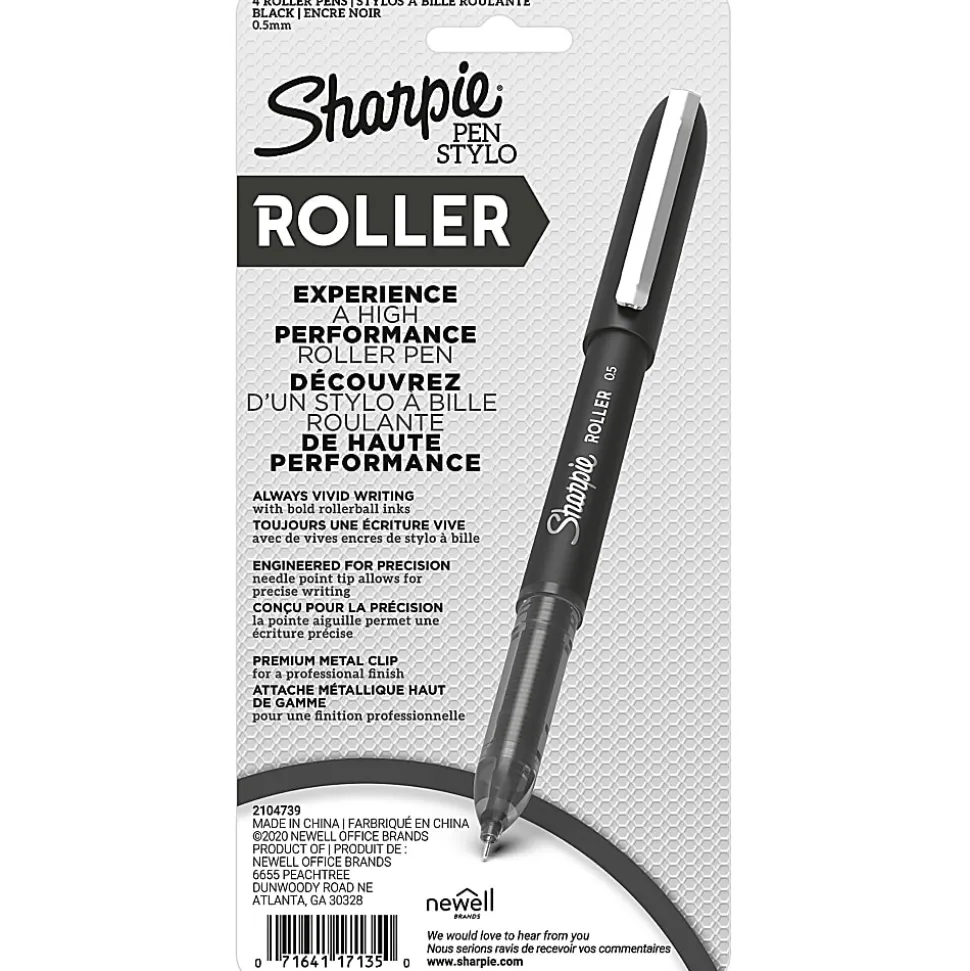 Sharpie® Rollerball Pens, Needle Point, 0.5 mm, Black Ink, Pack Of 4