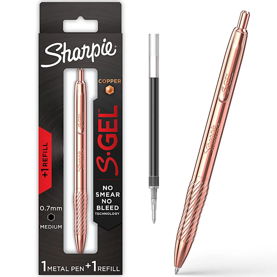 Sharpie S-Gel, Gel Pen, Copper Metal Body, Medium Point (0.7mm), Black Ink, Includes 1 Pen and 1 Additional Ink Refill