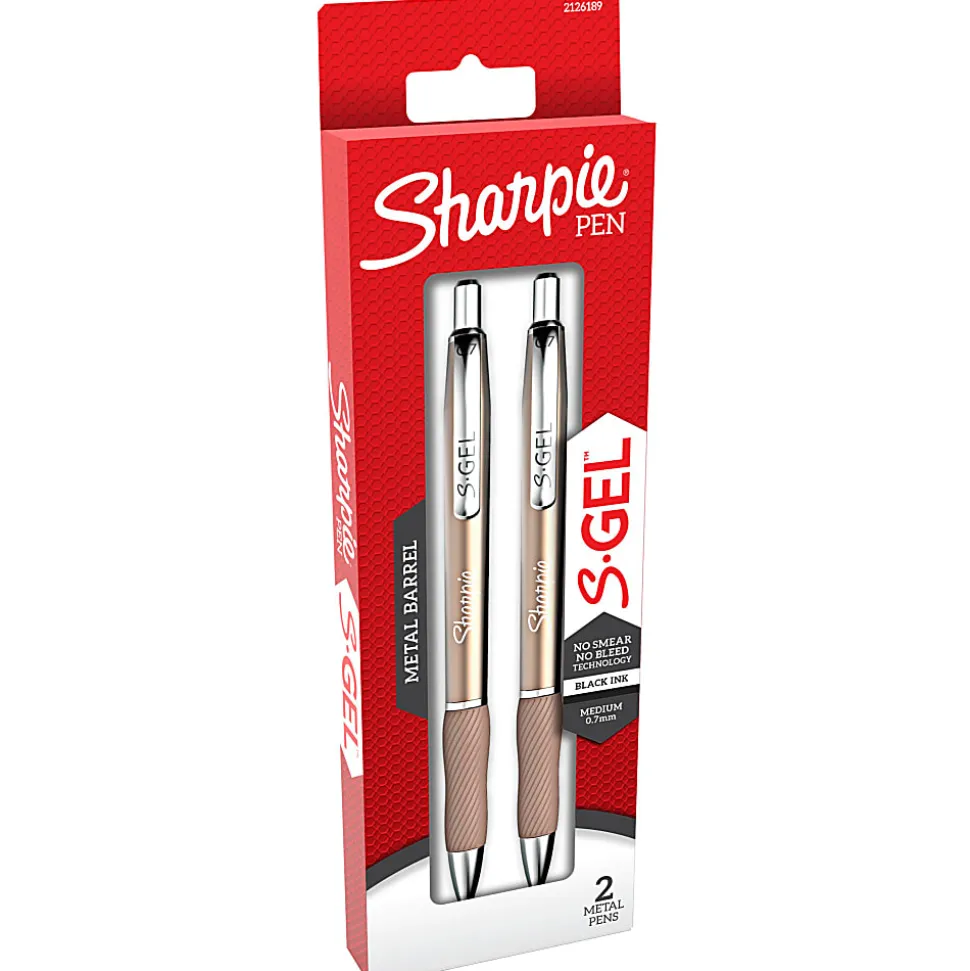 Sharpie® S-Gel Metal Barrel Gel Pens, Medium Point, 0.7 mm, Champagne Barrel, Black Ink, Pack Of 2 Pens
