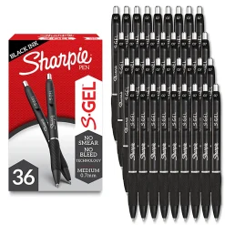 Sharpie S Gel Pens, Medium Point, 0.7 mm, Black Barrel, Black Ink, Pack Of 36 Pens