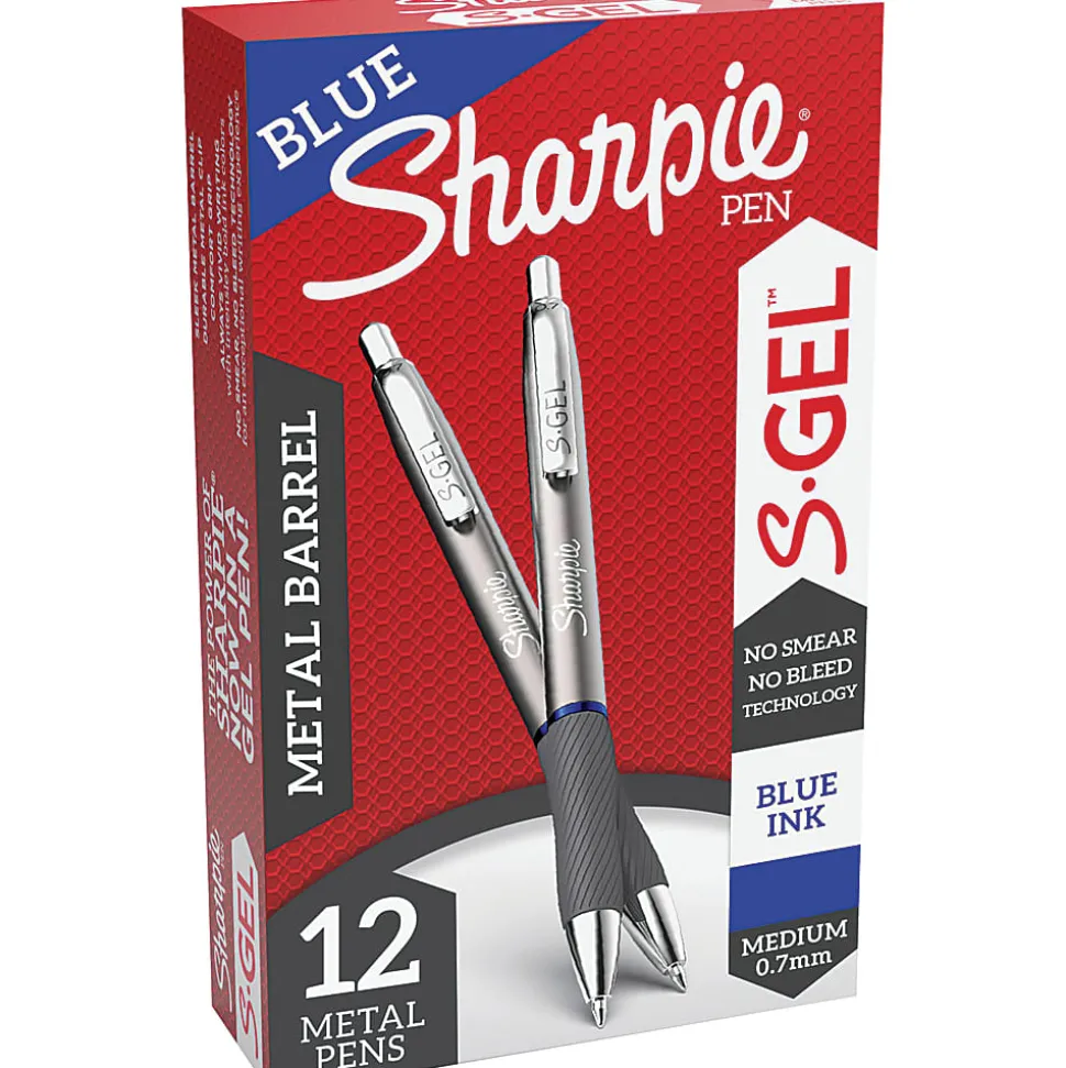 Sharpie® S-Gel Pens, Medium Point, 0.7 mm, Gunmetal Barrel, Blue Ink, Pack Of 12 Pens