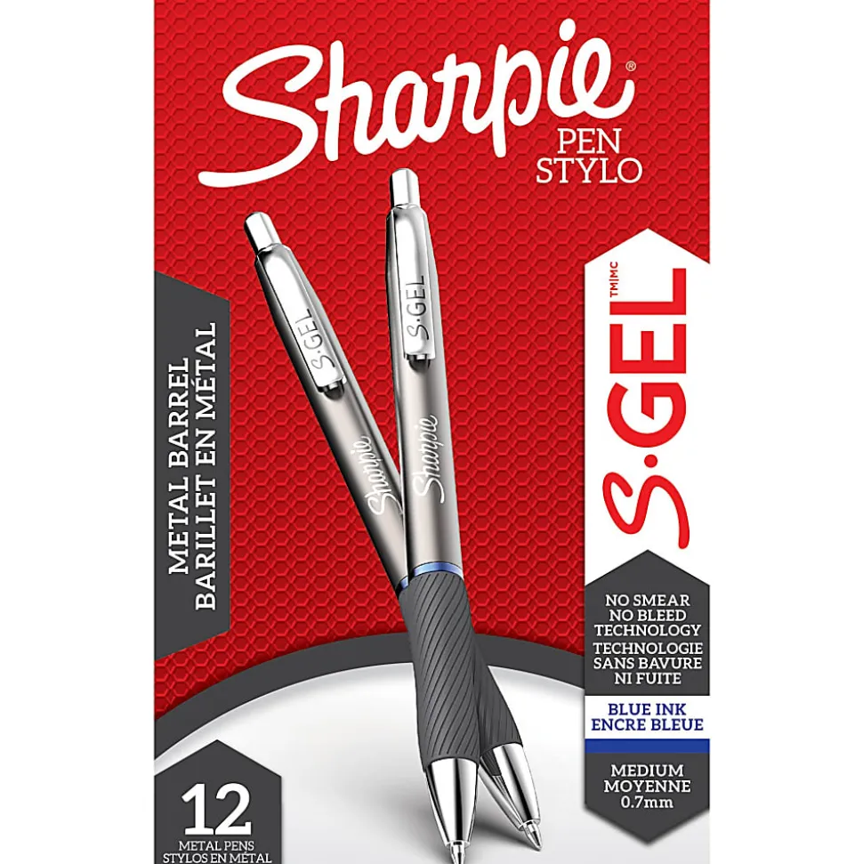 Sharpie® S-Gel Pens, Medium Point, 0.7 mm, Gunmetal Barrel, Blue Ink, Pack Of 12 Pens