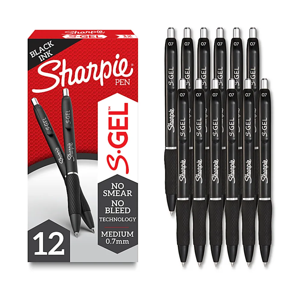 Sharpie S Gel Pens, Medium Point, 0.7 mm, Black Barrel, Black Ink, Pack Of 12 Pens