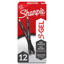 Sharpie S Gel Pens, Medium Point, 0.7 mm, Black Barrel, Red Ink, Pack Of 12 Pens