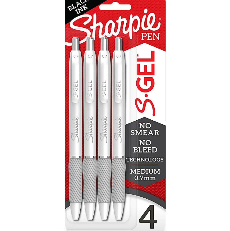 Sharpie S-Gel Pen, White Barrel, Medium Point, 0.7mm Black Ink 4 Pack