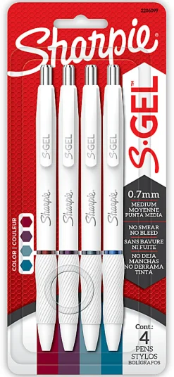 Sharpie S-Gel Retractable Gel Pens, Medium Point, 0.7mm  White Barrels, Assorted Jewel Inks, Pack Of 4 Pens
