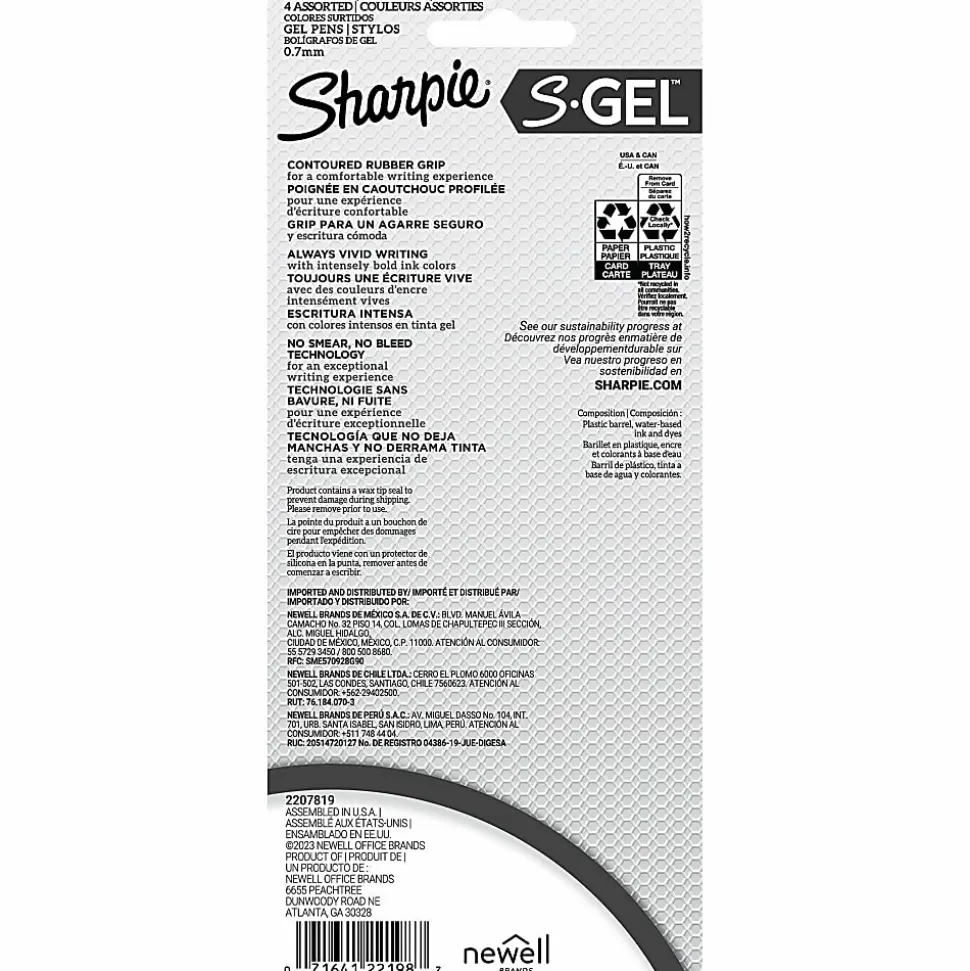 Sharpie S-Gel Retractable Gel Pens, Medium Point, 0.7mm White Barrels, Assorted Jewel Inks, Pack Of 4 Pens
