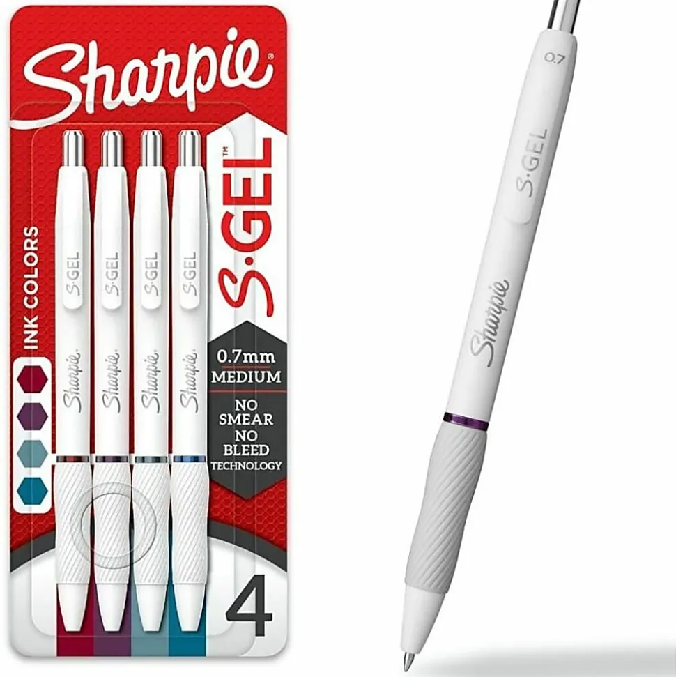 Sharpie S-Gel Retractable Gel Pens, Medium Point, 0.7mm White Barrels, Assorted Jewel Inks, Pack Of 4 Pens