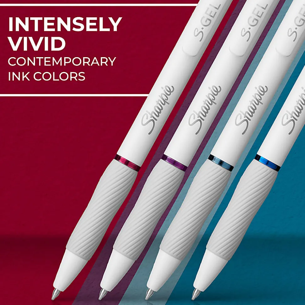 Sharpie S-Gel Retractable Gel Pens, Medium Point, 0.7mm White Barrels, Assorted Jewel Inks, Pack Of 4 Pens