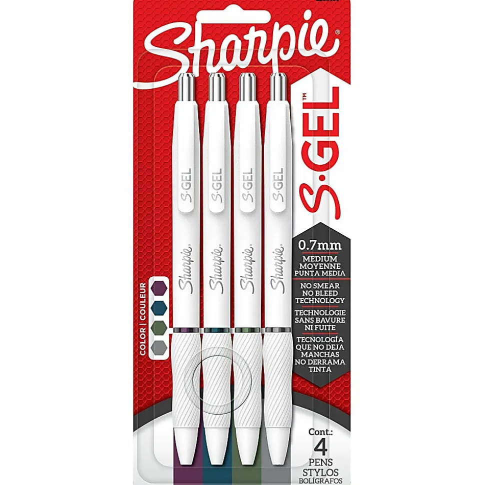 Sharpie S-Gel Retractable Gel Pens, Medium Point, 0.7mm White Barrels, Assorted Inks, Pack Of 4 Pens