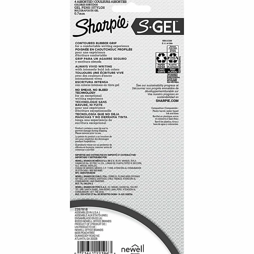 Sharpie S-Gel Retractable Gel Pens, Medium Point, 0.7mm White Barrels, Assorted Inks, Pack Of 4 Pens