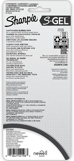 Sharpie S-Gel Retractable Gel Pens, Medium Point, 0.7mm White Barrels, Assorted Inks, Pack Of 4 Pens