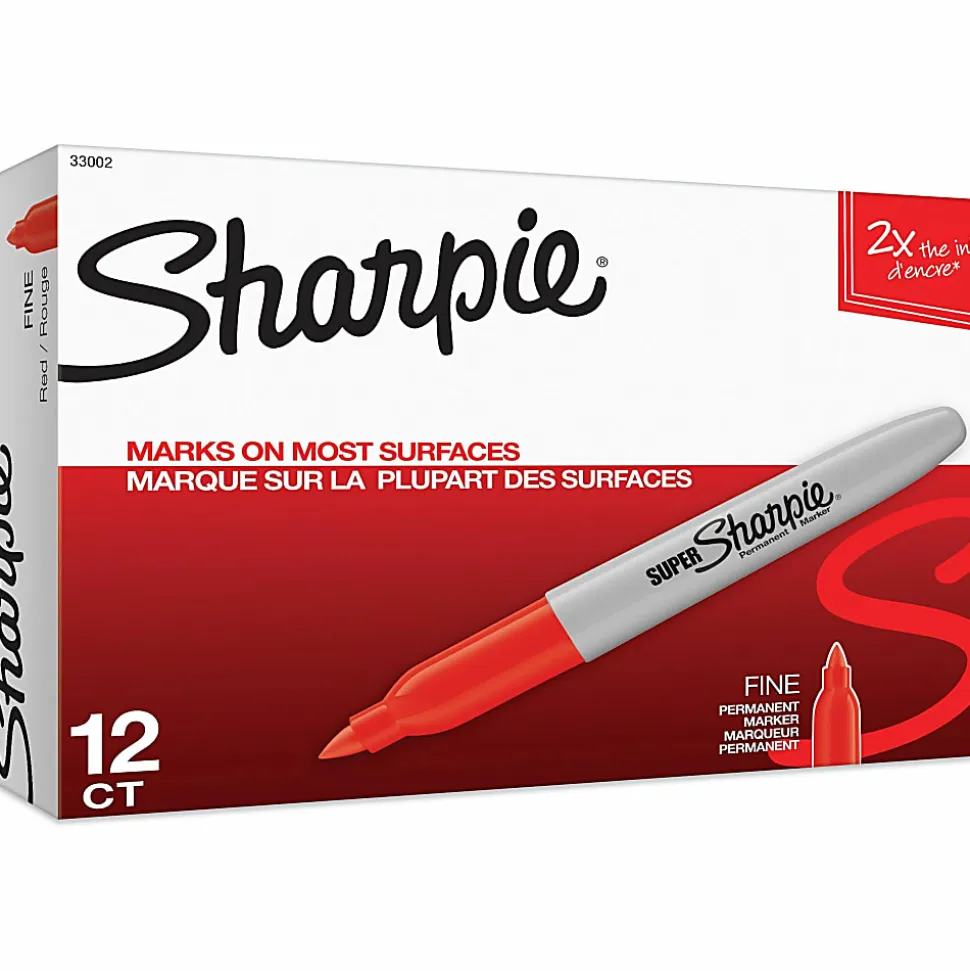 Sharpie® Super Permanent Markers, Fine Point, Red Ink, 12/Pack