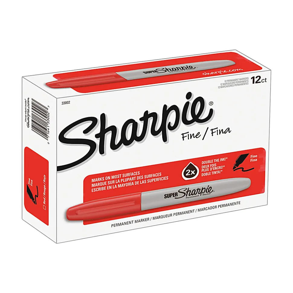 Sharpie® Super Permanent Markers, Fine Point, Red Ink, 12/Pack