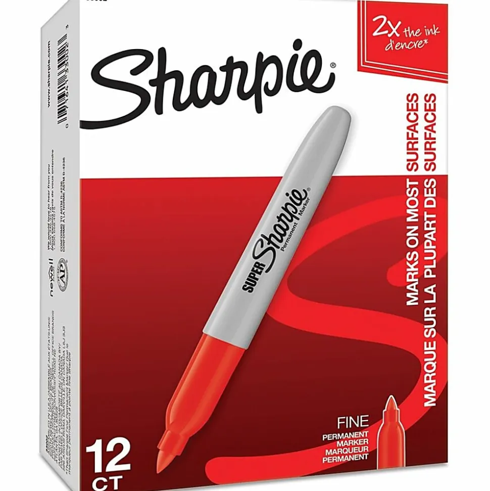 Sharpie® Super Permanent Markers, Fine Point, Red Ink, 12/Pack