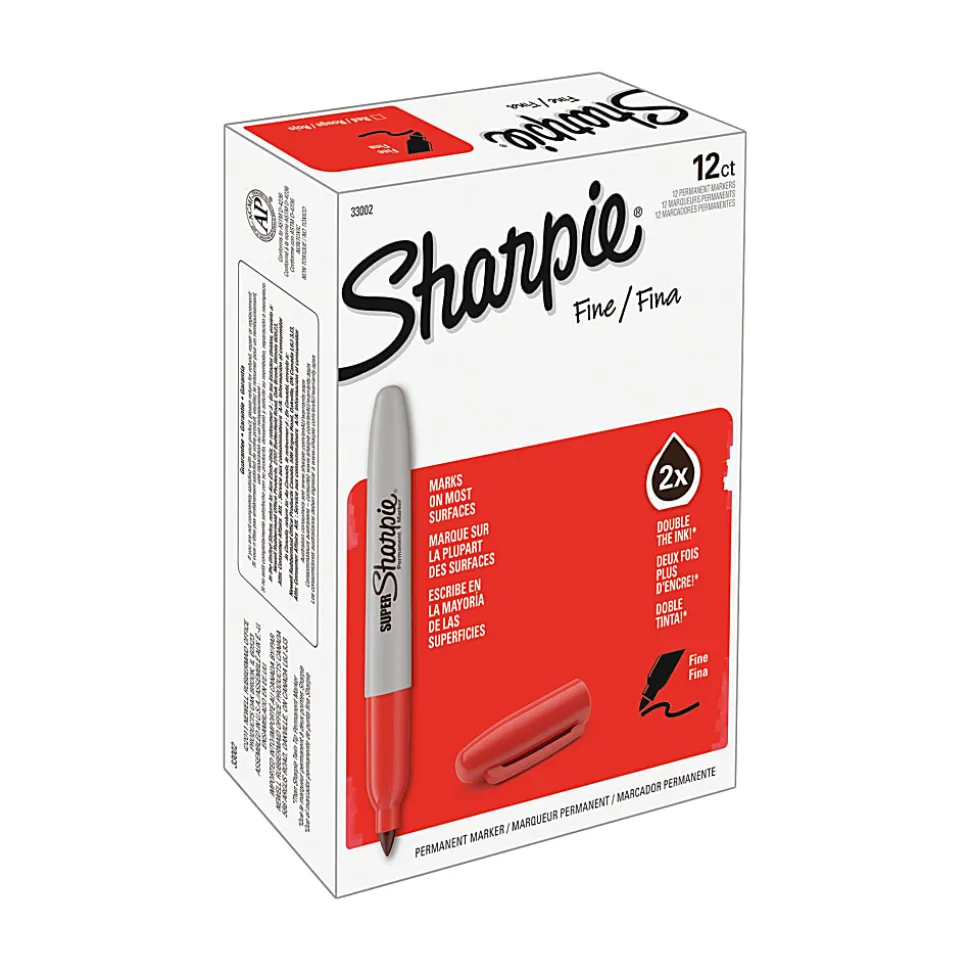 Sharpie® Super Permanent Markers, Fine Point, Red Ink, 12/Pack