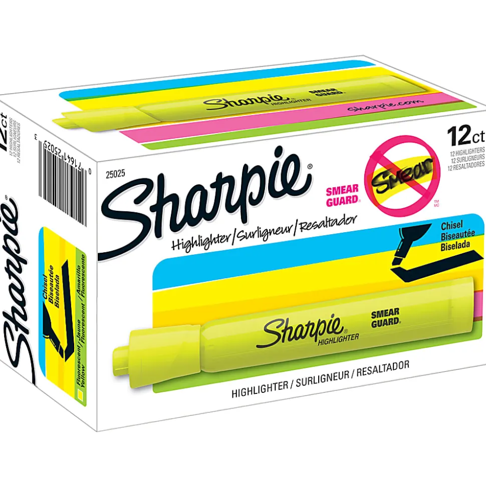 Sharpie® Tank Highlighters, Chisel Tip, Fluorescent Yellow, 12 Count