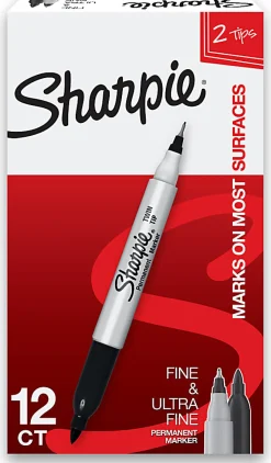Sharpie® Twin-Tip Permanent Markers, Fine/Ultra Fine Points, Black, Pack Of 12