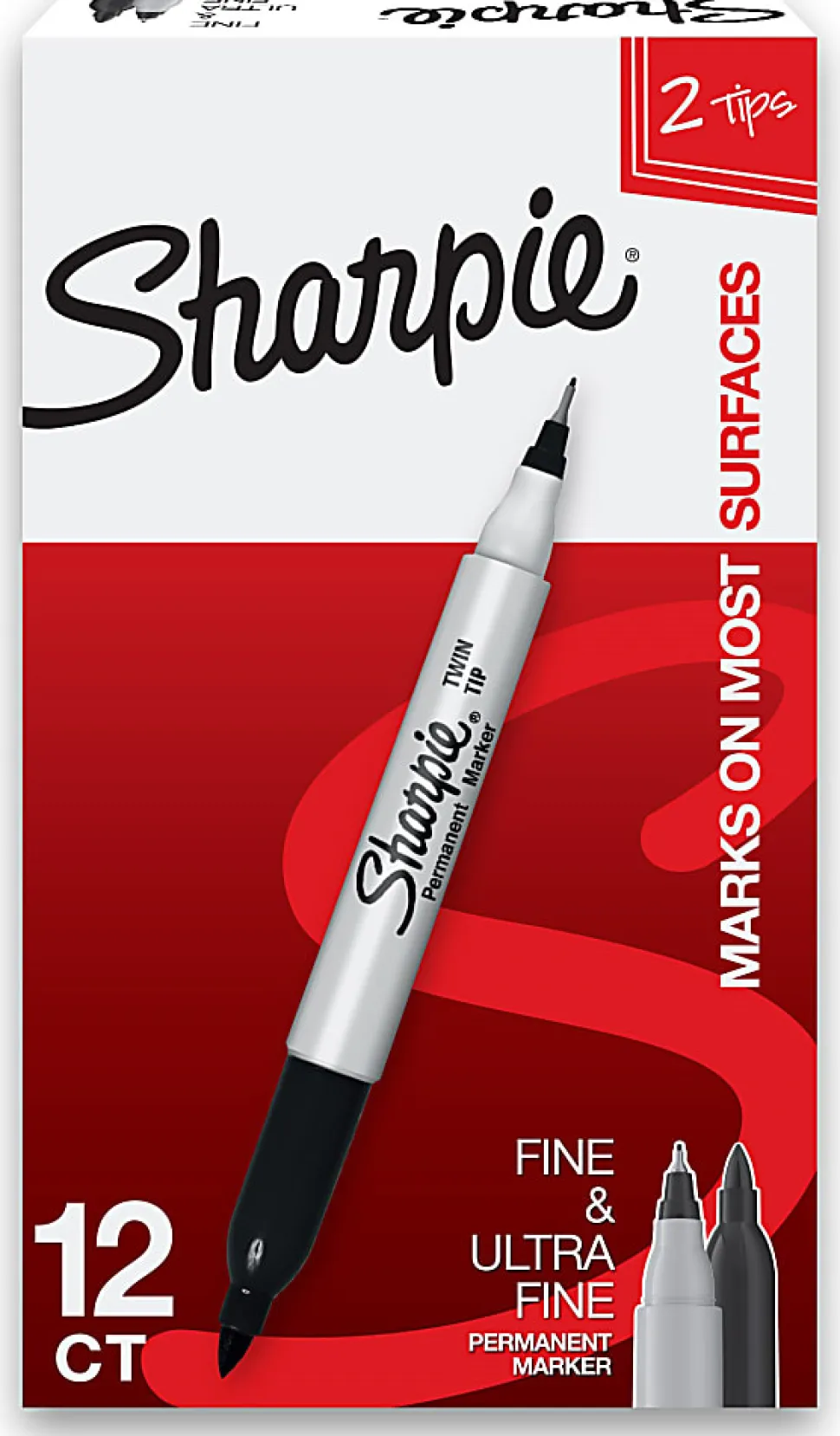 Sharpie® Twin-Tip Permanent Markers, Fine/Ultra Fine Points, Black, Pack Of 12