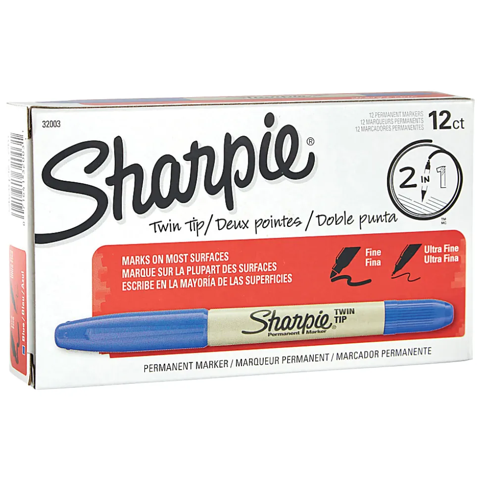 Sharpie® Twin-Tip Permanent Markers, Fine/Ultra-Fine Points, Blue Ink, Pack Of 12 Markers