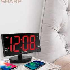 Sharp Jumbo 3” LED Display Clock Radio with Accu-set and 2 USB Ports, 5-5/8”H x 3-1/4”W x 8-5/16”D, Black