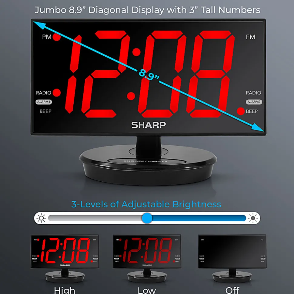 Sharp Jumbo 3” LED Display Clock Radio with Accu-set and 2 USB Ports, 5-5/8”H x 3-1/4”W x 8-5/16”D, Black