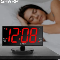 Sharp Jumbo 3” LED Display Clock Radio with Accu-set and 2 USB Ports, 5-5/8”H x 3-1/4”W x 8-5/16”D, Black
