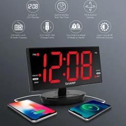 Sharp Jumbo 3” LED Display Clock Radio with Accu-set and 2 USB Ports, 5-5/8”H x 3-1/4”W x 8-5/16”D, Black