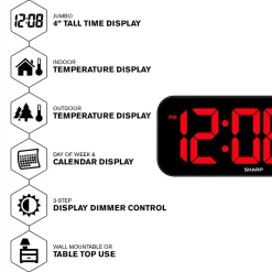 Sharp Jumbo 4'' LED Wall Clock with Indoor/Outdoor Temperature and Calendar Display, 5-7/8”H x 1”W x 14”D, Black