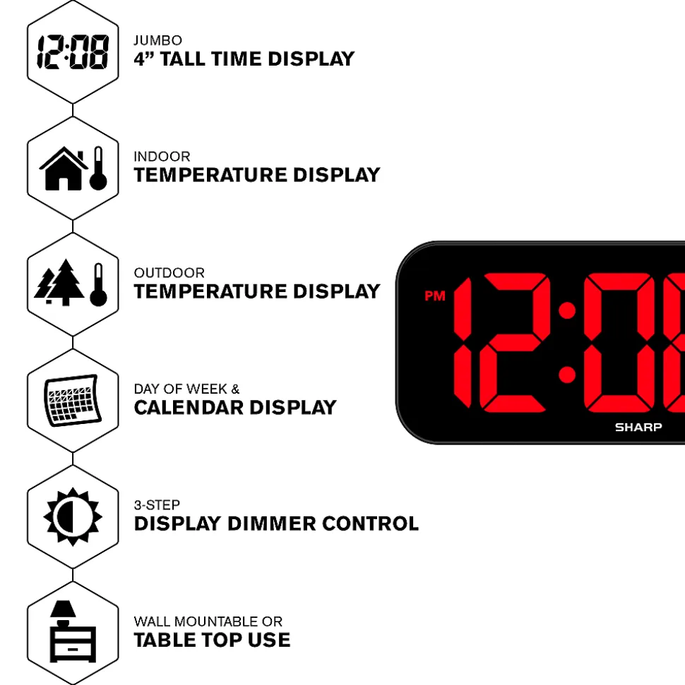 Sharp Jumbo 4'' LED Wall Clock with Indoor/Outdoor Temperature and Calendar Display, 5-7/8”H x 1”W x 14”D, Black