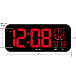 Sharp Jumbo 4'' LED Wall Clock with Indoor/Outdoor Temperature and Calendar Display, 5-7/8”H x 1”W x 14”D, Black