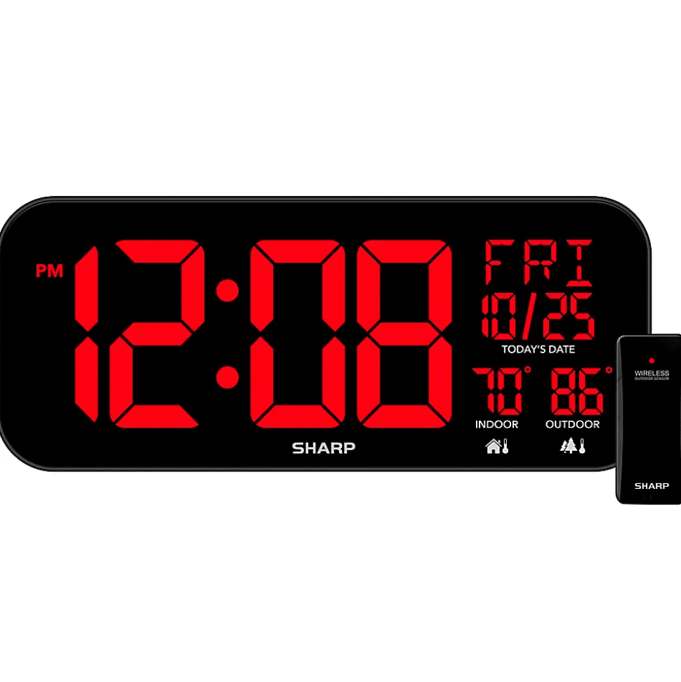 Sharp Jumbo 4'' LED Wall Clock with Indoor/Outdoor Temperature and Calendar Display, 5-7/8”H x 1”W x 14”D, Black