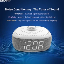 Sharp White Noise Machine Alarm Clock with Bluetooth Speaker, 2-3/8”H x 5-1/8”W x 5-1/8”D, White