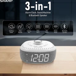 Sharp White Noise Machine Alarm Clock with Bluetooth Speaker, 2-3/8”H x 5-1/8”W x 5-1/8”D, White