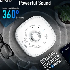 Sharp White Noise Machine Alarm Clock with Bluetooth Speaker, 2-3/8”H x 5-1/8”W x 5-1/8”D, White