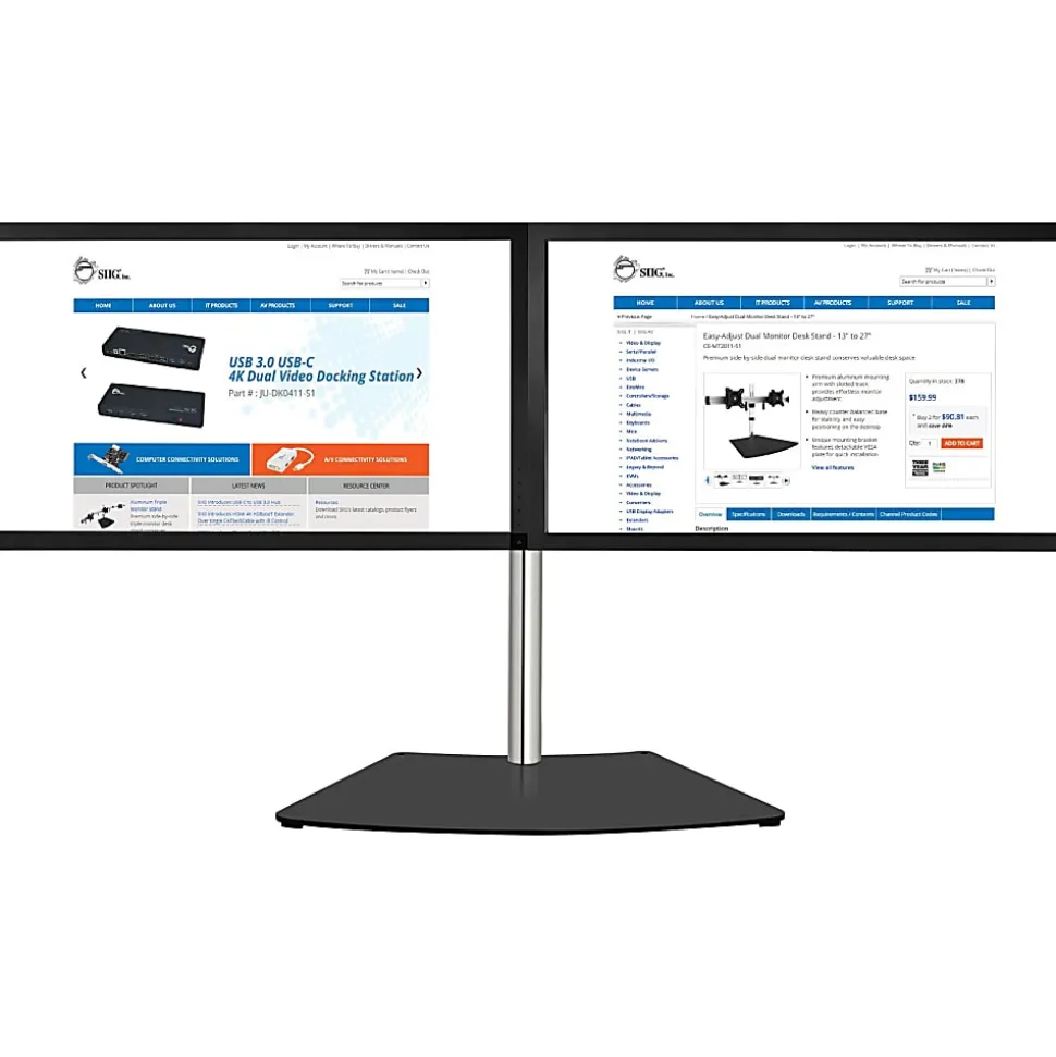 SIIG Easy-Adjust Dual Monitor Desk Stand - 13" to 27" - Up to 27" Screen Support - 35.20 lb Load Capacity - CEMT2011S1