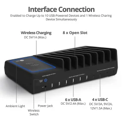 SIIG 10-Port USB-A/C & Wireless Charging Station - 150W