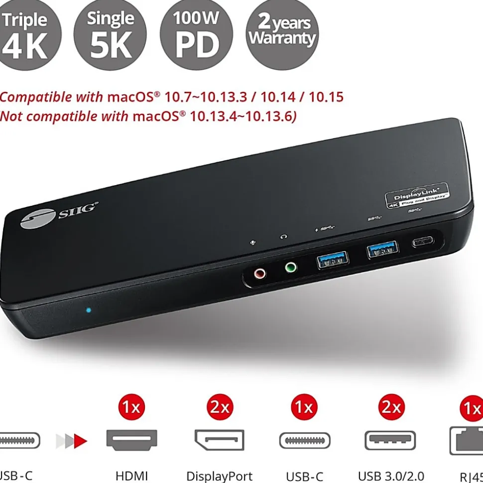 SIIG USB-C Triple 4K Video Docking Station with 100W Power Delivery - Universal USB-C Multi Port Docking Station TAA Compliant