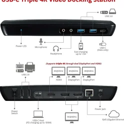 SIIG USB-C Triple 4K Video Docking Station with 100W Power Delivery - Universal USB-C Multi Port Docking Station TAA Compliant