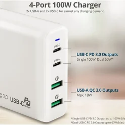SIIG 100W Dual USB-C PD 3.0 PPS & QC 3.0 Combo Power Charger - White - Powerfull 4-Port high-power charger with two US - ACPW1P11S1