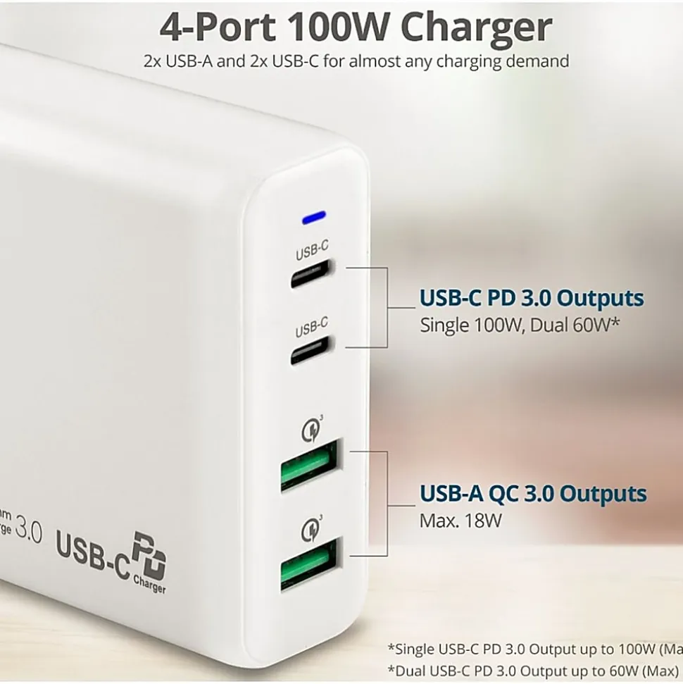 SIIG 100W Dual USB-C PD 3.0 PPS & QC 3.0 Combo Power Charger - White - Powerfull 4-Port high-power charger with two US - ACPW1P11S1
