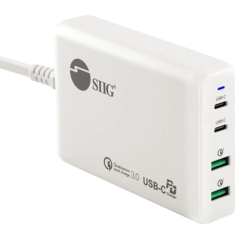 SIIG 100W Dual USB-C PD 3.0 PPS & QC 3.0 Combo Power Charger - White - Powerfull 4-Port high-power charger with two US - ACPW1P11S1