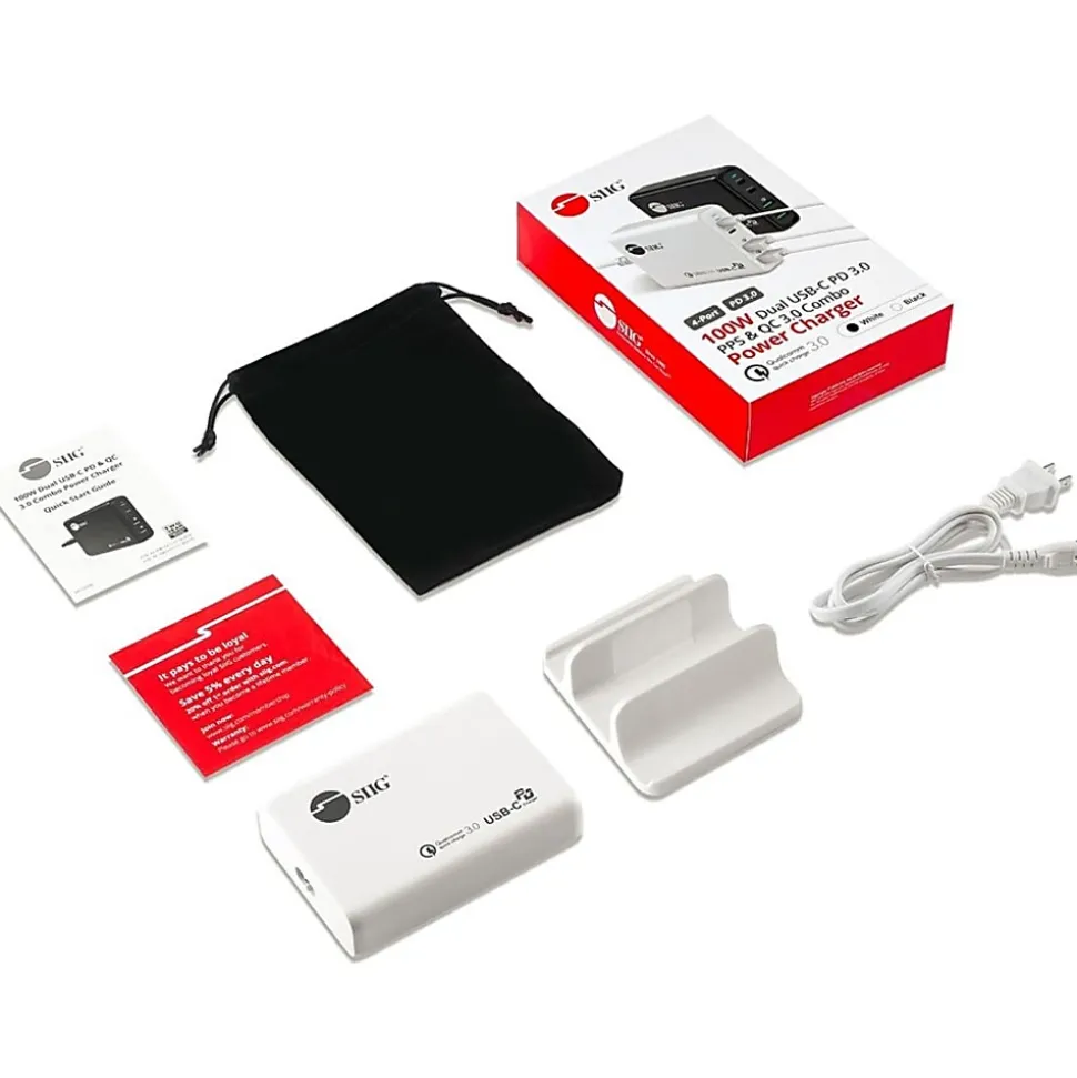 SIIG 100W Dual USB-C PD 3.0 PPS & QC 3.0 Combo Power Charger - White - Powerfull 4-Port high-power charger with two US - ACPW1P11S1