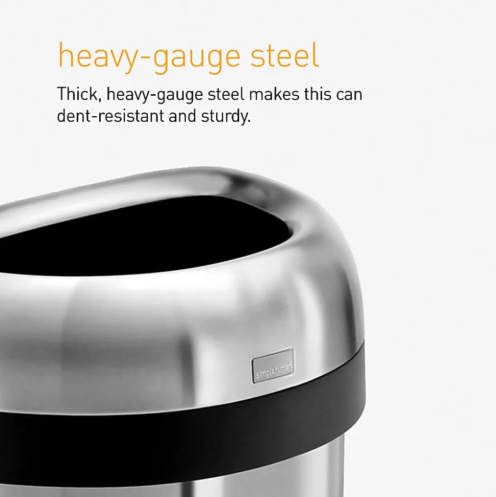 simplehuman Commercial Open Top Trash Can, Semi-Round, 21 Gallons, 30" x 20.7" x 14.3", Brushed Heavy-Gauge Stainless Steel