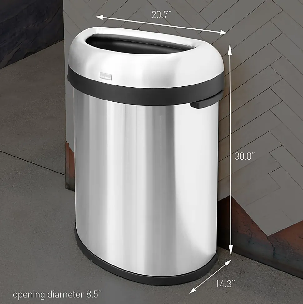 simplehuman Commercial Open Top Trash Can, Semi-Round, 21 Gallons, 30" x 20.7" x 14.3", Brushed Heavy-Gauge Stainless Steel